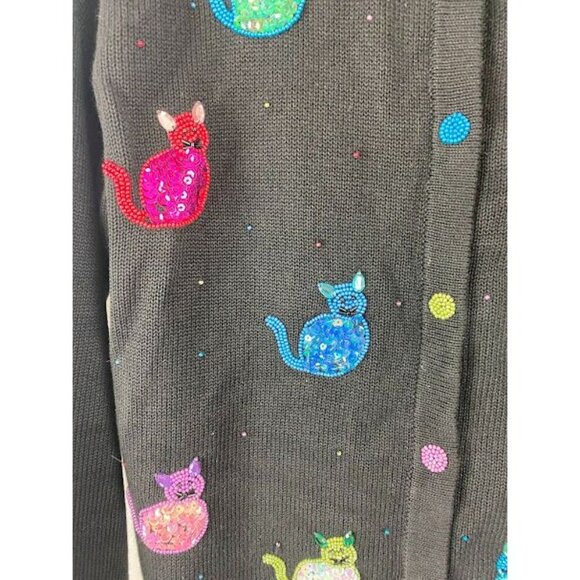 Terazzo Sequin Cat Button Down Cardigan Black 90's Women's Medium - Picture 6 of 14
